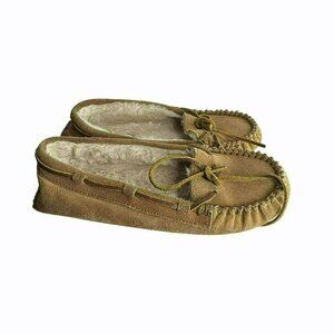 Minnetonka 4811 Leather Suede Moccasin Slippers Faux Fur Lining - Tan Size 4